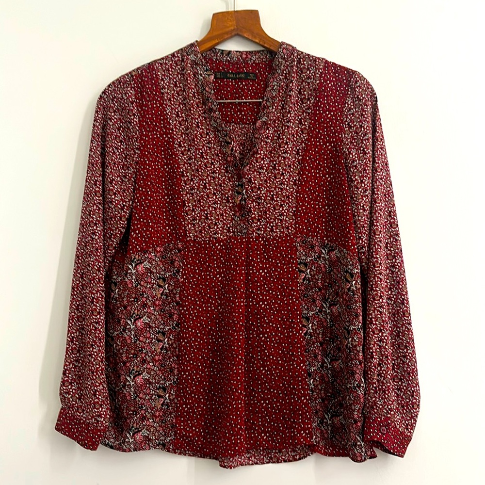 Zara Maroon Red Floral Long Sleeved Boho Peasant Blouse